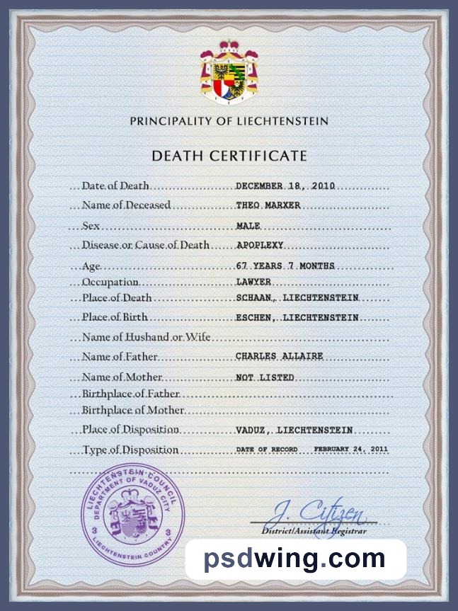 Liechtenstein Vital Record Death Certificate PSD Template